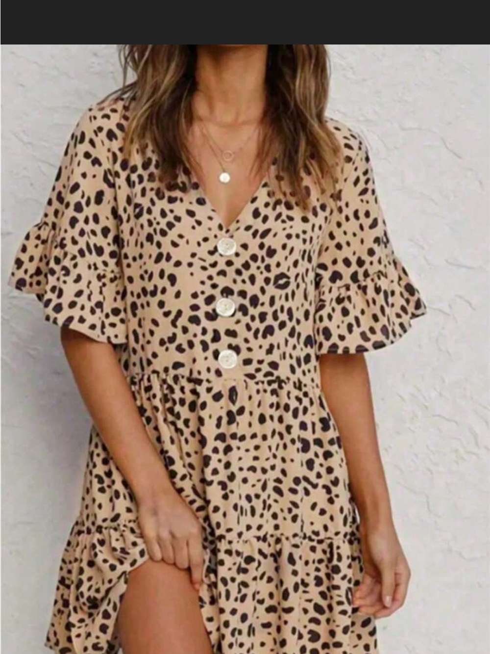 Beige Leopard Print V-Neck Button Tiered Mini Dress